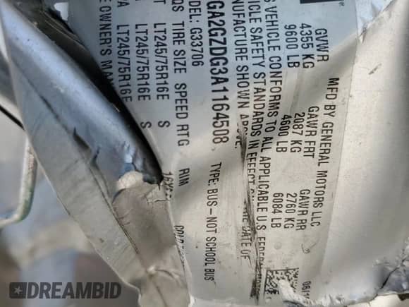 2010 Chevrolet Express Passenger LS with VIN 1GA2GZDG3A1164508, listed as a Copart auction lot 52753855 with 322,699 mi miles and Salvage title. Bid and sale history available at DreamBid. Image 13.