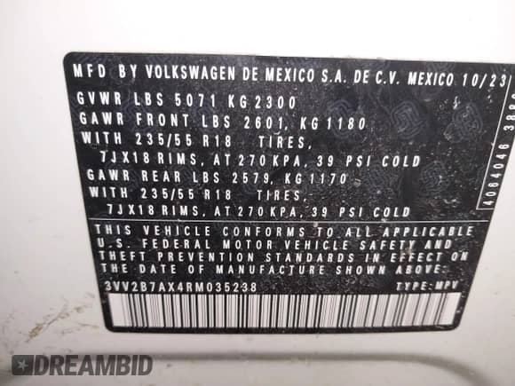 2024 Volkswagen Tiguan SE с VIN 3VV2B7AX4RM035238, выставлен на аукционе IAAI как лот 41222379 с пробегом 33 445 миль миль и . История ставок и продаж доступна на DreamBid. Изображение 9.