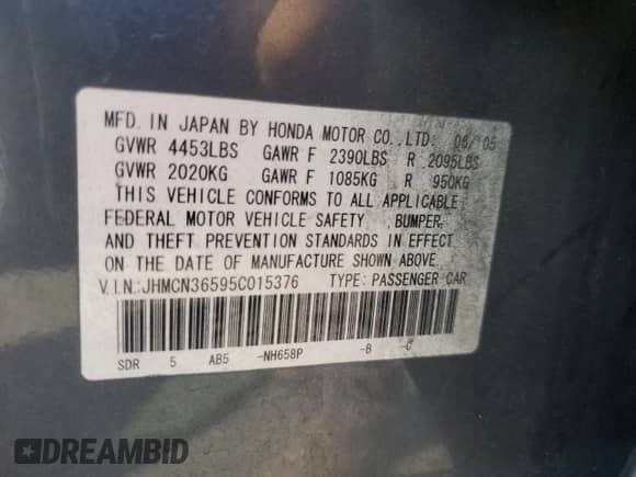 2005 Honda Accord with VIN JHMCN36595C015376, listed as a Copart auction lot 64479235 with 268,962 mi miles and Clean title. Bid and sale history available at DreamBid. Image 12.