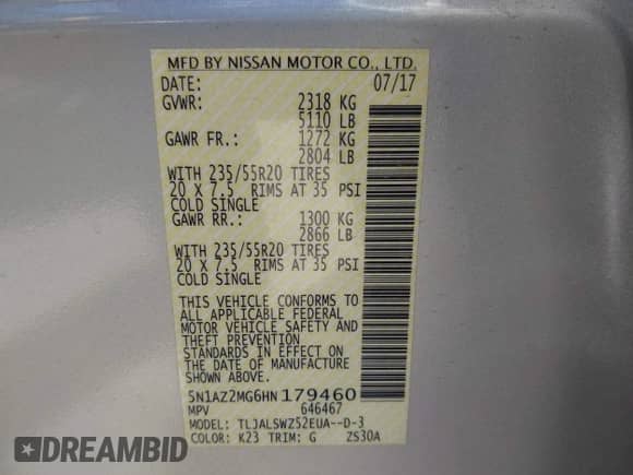 2017 Nissan Murano S with VIN 5N1AZ2MG6HN179460, listed as a IAAI auction lot 42766543 with 42,446 mi miles and . Bid and sale history available at DreamBid. Image 9.