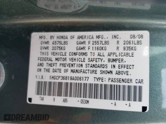 2009 Honda Accord EX-L with VIN 1HGCP36819A006177, listed as a Copart auction lot 82541815 with 222,117 mi miles and Clean title. Bid and sale history available at DreamBid. Image 12.
