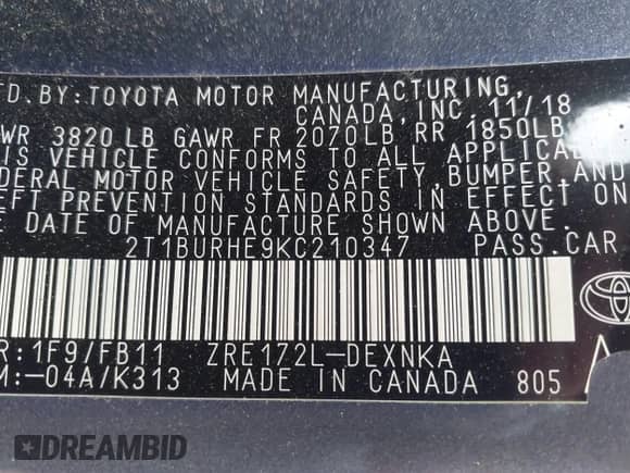 2019 Toyota Corolla L с VIN 2T1BURHE9KC210347, выставлен на аукционе IAAI как лот 43380111 с пробегом 66 441 миль миль и . История ставок и продаж доступна на DreamBid. Изображение 9.