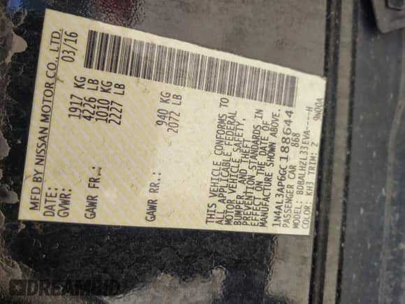 2016 Nissan Altima S with VIN 1N4AL3AP6GC188644, listed as a IAAI auction lot 36615642 with Not provided miles and . Bid and sale history available at DreamBid. Image 9.