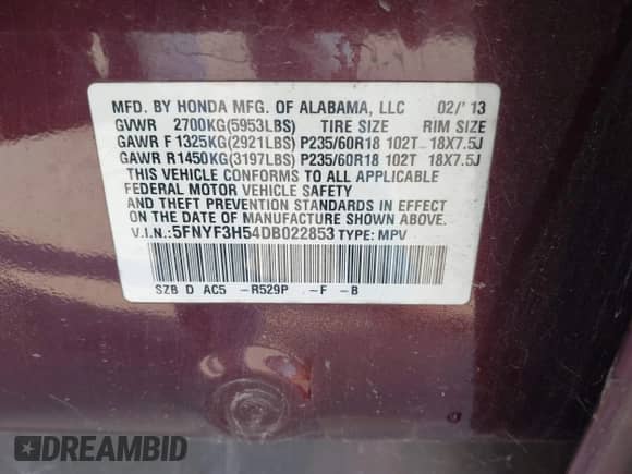 2013 Honda Pilot EX-L with VIN 5FNYF3H54DB022853, listed as a IAAI auction lot 42460526 with 193,262 mi miles and . Bid and sale history available at DreamBid. Image 9.