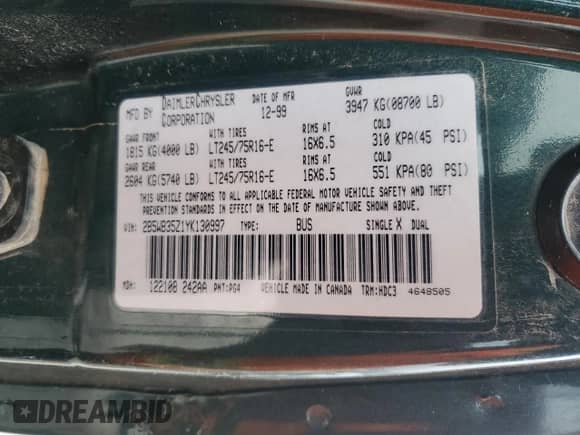 2000 Dodge Passenger z VIN 2B5WB35Z1YK130997, wystawiony jako Copart lot #44719265 z przebiegiem Nie podano mil oraz Szkoda całkowita • Salvage title. Historia ofert i sprzedaży dostępna na DreamBid. Obrazek 13.