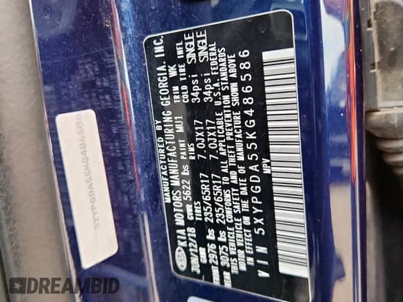 2019 Kia Sorento LX with VIN 5XYPGDA55KG486586, listed as a Copart auction lot 82304565 with 65,505 mi miles and Salvage title. Bid and sale history available at DreamBid. Image 13.