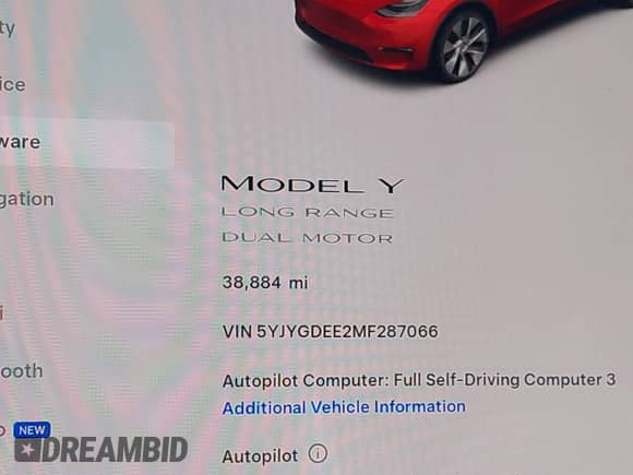 2021 Tesla Model Y Long Range with VIN 5YJYGDEE2MF287066, listed as a IAAI auction lot 43253104 with 38,884 mi miles and . Bid and sale history available at DreamBid. Image 15.