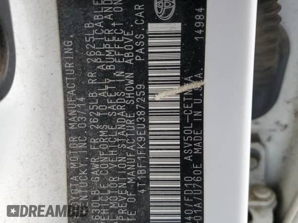 2014 Toyota Camry L с VIN 4T1BF1FK9EU387259, выставлен на аукционе Copart как лот 71438005 с пробегом 147 194 миль миль и Списание • Salvage title. История ставок и продаж доступна на DreamBid. Изображение 12.