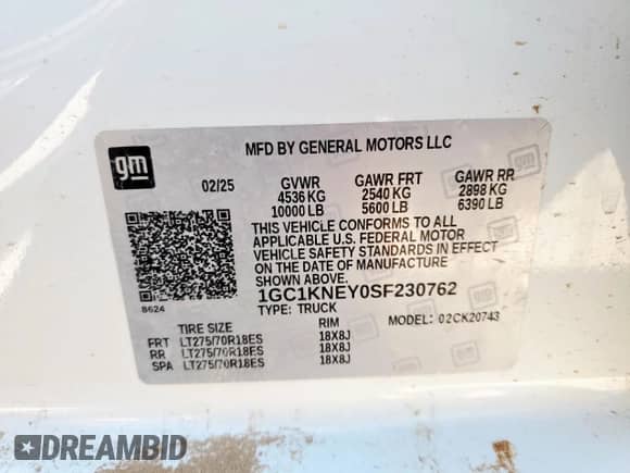 2025 Chevrolet Silverado 2500HD LT with VIN 1GC1KNEY0SF230762, listed as a Copart auction lot 68710535 with Not provided miles and Salvage title. Bid and sale history available at DreamBid. Image 13.