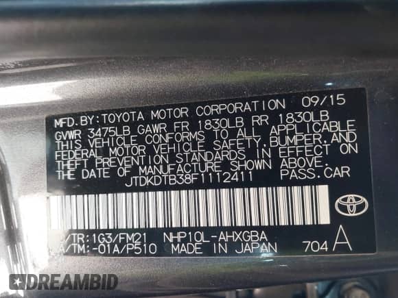 2015 Toyota Prius One z VIN JTDKDTB38F1112411, wystawiony jako IAAI lot #42632251 z przebiegiem 114 157 mil mil oraz . Historia ofert i sprzedaży dostępna na DreamBid. Obrazek 9.