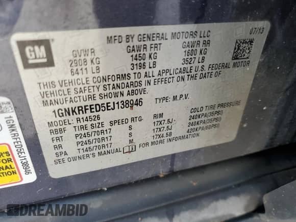 2014 Chevrolet Traverse LS с VIN 1GNKRFED5EJ138946, выставлен на аукционе Copart как лот 82156255 с пробегом 97 416 миль миль и Чистый • Clean title. История ставок и продаж доступна на DreamBid. Изображение 13.