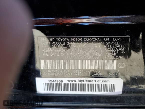 2012 Lexus IS 350 z VIN JTHBE5C25C5028533, wystawiony jako Copart lot #71101115 z przebiegiem Nie podano mil oraz Szkoda całkowita • Salvage title. Historia ofert i sprzedaży dostępna na DreamBid. Obrazek 12.