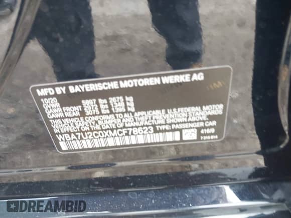 2021 BMW 7 Series 750i xDrive with VIN WBA7U2C0XMCF78623, listed as a IAAI auction lot 42376256 with Not provided miles and . Bid and sale history available at DreamBid. Image 9.