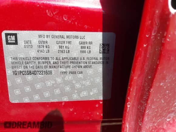 2013 Chevrolet Cruze 1LT with VIN 1G1PC5SB4D7221608, listed as a IAAI auction lot 42794003 with 149,145 mi miles and . Bid and sale history available at DreamBid. Image 9.