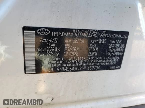 2022 Hyundai Santa Fe XRT с VIN 5NMS64AJ9NH459704, выставлен на аукционе Copart как лот 81270535 с пробегом 50 528 миль миль и Списание • Salvage title. История ставок и продаж доступна на DreamBid. Изображение 13.