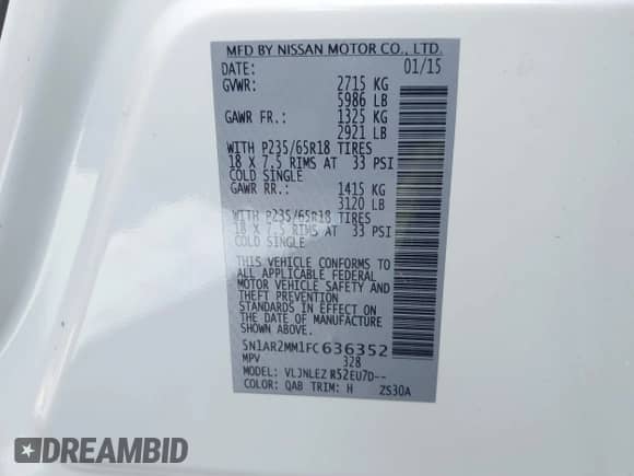 2015 Nissan Pathfinder Platinum with VIN 5N1AR2MM1FC636352, listed as a IAAI auction lot 38486561 with 105,934 mi miles and . Bid and sale history available at DreamBid. Image 9.