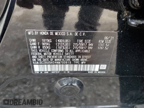 2022 Honda HR-V LX with VIN 3CZRU5H34NM700819, listed as a Copart auction lot 80448295 with 41,532 mi miles and Salvage title. Bid and sale history available at DreamBid. Image 13.