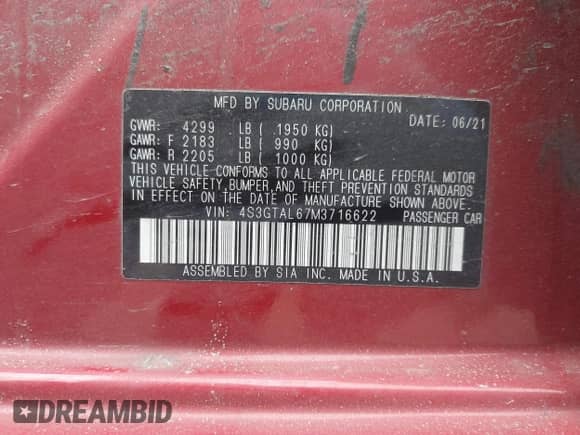 2021 Subaru Impreza Special Sports с VIN 4S3GTAL67M3716622, выставлен на аукционе IAAI как лот 41719967 с пробегом 69 801 миль миль и . История ставок и продаж доступна на DreamBid. Изображение 9.