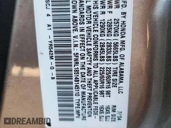 2004 Honda Odyssey LX with VIN 5FNRL18514B145110, listed as a Copart auction lot 87225665 with Not provided miles and Clean title. Bid and sale history available at DreamBid. Image 13.