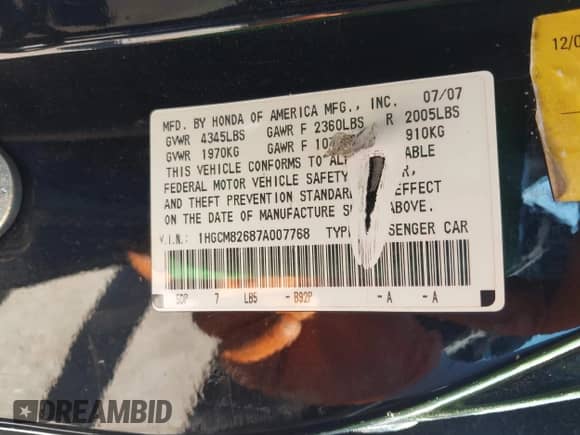 2007 Honda Accord EX-L с VIN 1HGCM82687A007768, выставлен на аукционе IAAI как лот 43028181 с пробегом 212 461 миль миль и . История ставок и продаж доступна на DreamBid. Изображение 9.