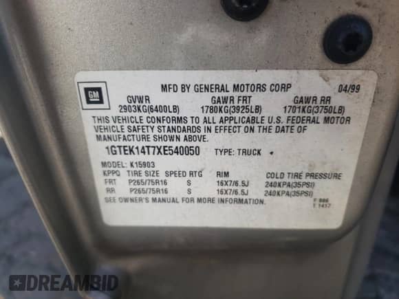 1999 GMC Sierra 1500 SLE with VIN 1GTEK14T7XE540050, listed as a Copart auction lot 73996834 with Not provided miles and Clean title. Bid and sale history available at DreamBid. Image 12.