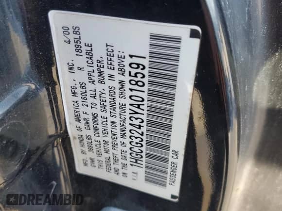 2000 Honda Accord LX с VIN 1HGCG3243YA018591, выставлен на аукционе Copart как лот 84081624 с пробегом 297 429 миль миль и Списание • Salvage title. История ставок и продаж доступна на DreamBid. Изображение 14.