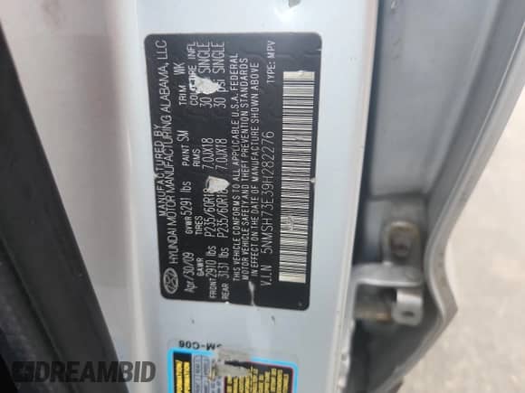 2009 Hyundai Santa Fe Limited с VIN 5NMSH73E39H282276, выставлен на аукционе Copart как лот 69031855 с пробегом 216 419 миль миль и Списание • Salvage title. История ставок и продаж доступна на DreamBid. Изображение 12.