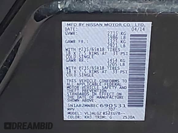 2014 Nissan Pathfinder SV с VIN 5N1AR2MN8EC690531, выставлен на аукционе IAAI как лот 41694571 с пробегом 207 544 миль миль и . История ставок и продаж доступна на DreamBid. Изображение 9.