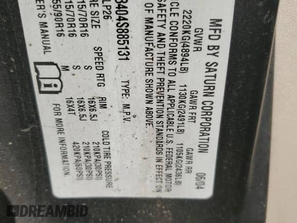 2004 Saturn VUE V6 z VIN 5GZCZ53404S885131, wystawiony jako Copart lot #67135124 z przebiegiem 166 076 mil mil oraz Nie do naprawy • Non repairable. Historia ofert i sprzedaży dostępna na DreamBid. Obrazek 13.