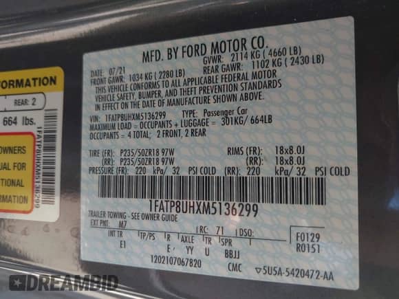 2021 Ford Mustang EcoBoost с VIN 1FATP8UHXM5136299, выставлен на аукционе IAAI как лот 42848882 с пробегом 23 700 миль миль и . История ставок и продаж доступна на DreamBid. Изображение 9.