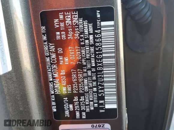 2014 Hyundai Santa Fe с VIN 5XYZU3LBXEG158664, выставлен на аукционе Copart как лот 85843925 с пробегом 172 483 миль миль и Чистый • Clean title. История ставок и продаж доступна на DreamBid. Изображение 12.