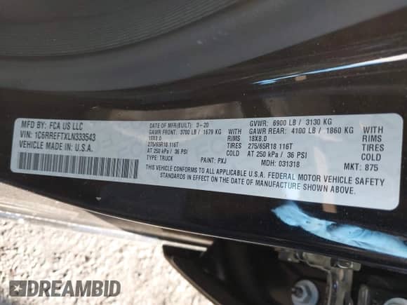 2020 Ram 1500 Big Horn with VIN 1C6RREFTXLN333543, listed as a IAAI auction lot 40736322 with 63,677 mi miles and . Bid and sale history available at DreamBid. Image 9.