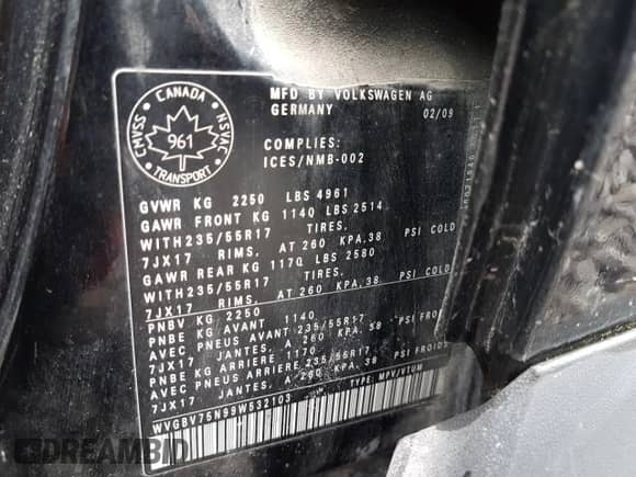 2009 Volkswagen Tiguan SE с VIN WVGBV75N99W532103, выставлен на аукционе Copart как лот 62581385 с пробегом 210 169 миль миль и Чистый • Clean title. История ставок и продаж доступна на DreamBid. Изображение 10.