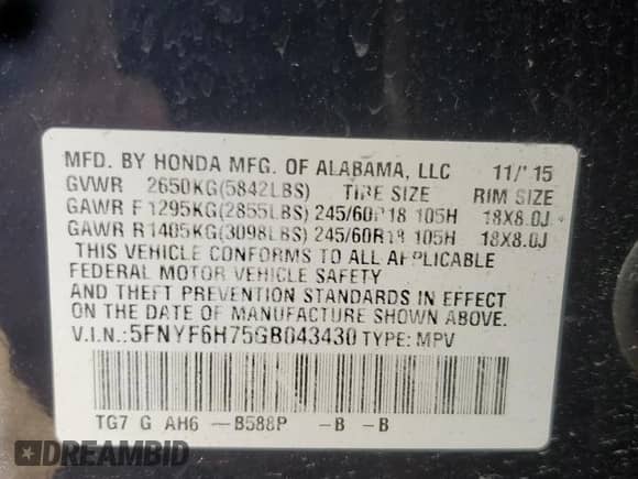 2016 Honda Pilot EX-L z VIN 5FNYF6H75GB043430, wystawiony jako Copart lot #80393175 z przebiegiem 62 037 mil mil oraz Szkoda całkowita • Salvage title. Historia ofert i sprzedaży dostępna na DreamBid. Obrazek 12.