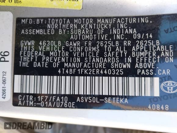 2014 Toyota Camry L with VIN 4T4BF1FK2ER440325, listed as a IAAI auction lot 41423301 with 271,563 mi miles and . Bid and sale history available at DreamBid. Image 9.