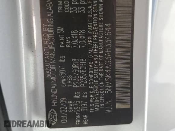 2010 Hyundai Santa Fe Limited with VIN 5NMSK4AG3AH334644, listed as a Copart auction lot 66290265 with 222,506 mi miles and Clean title. Bid and sale history available at DreamBid. Image 13.