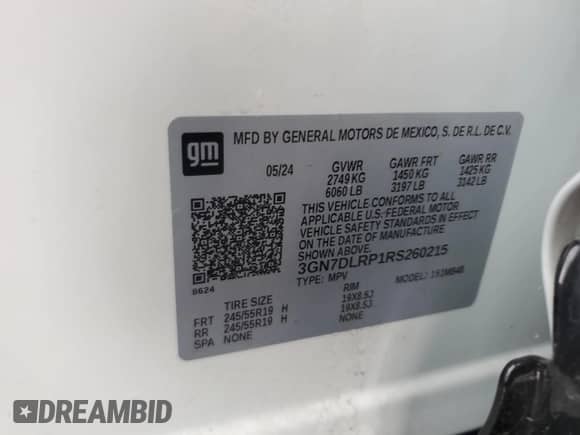 2024 Chevrolet Equinox EV LT с VIN 3GN7DLRP1RS260215, выставлен на аукционе Copart как лот 56477025 с пробегом 7 370 миль миль и Списание • Salvage title. История ставок и продаж доступна на DreamBid. Изображение 14.