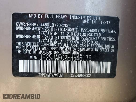 2014 Subaru Forester Premium with VIN JF2SJAEC2EH546176, listed as a Copart auction lot 82515795 with 93,088 mi miles and Salvage title. Bid and sale history available at DreamBid. Image 14.