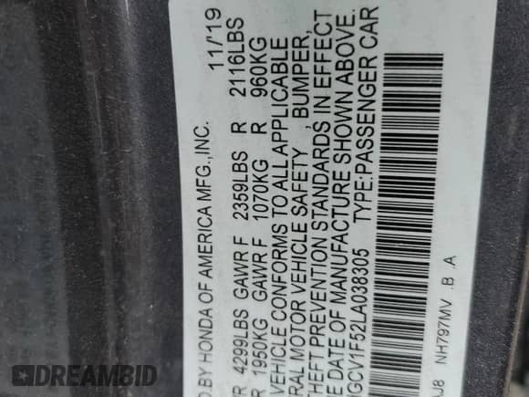 2020 Honda Accord EX-L with VIN 1HGCV1F52LA038305, listed as a Copart auction lot 81705385 with 88,454 mi miles and Salvage title. Bid and sale history available at DreamBid. Image 12.
