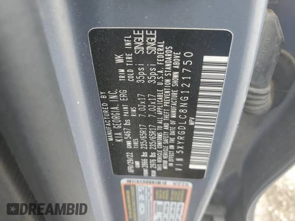 2022 Kia Sorento LX with VIN 5XYRGDLC8NG121750, listed as a Copart auction lot 58569235 with Not provided miles and Salvage title. Bid and sale history available at DreamBid. Image 14.