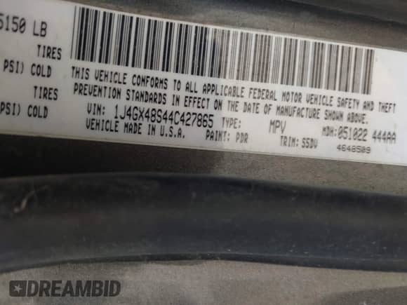 2004 Jeep Grand Cherokee Laredo с VIN 1J4GX48S44C427865, выставлен на аукционе IAAI как лот 40228086 с пробегом 175 645 миль миль и . История ставок и продаж доступна на DreamBid. Изображение 9.