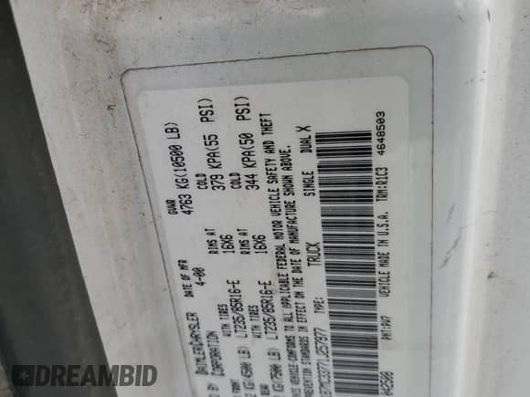 2001 Dodge 3500 с VIN 1B7MC33771J257977, выставлен на аукционе Copart как лот 57947454 с пробегом 329 593 миль миль и Списание • Salvage title. История ставок и продаж доступна на DreamBid. Изображение 12.