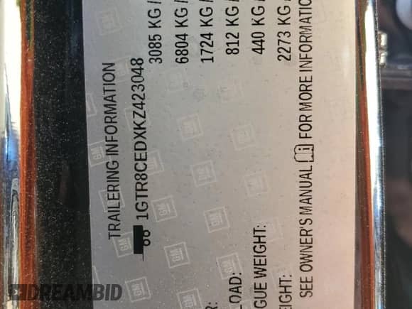 2019 GMC Sierra 1500 Elevation with VIN 1GTR8CEDXKZ423048, listed as a Copart auction lot 76867424 with 84,882 mi miles and Salvage title. Bid and sale history available at DreamBid. Image 12.