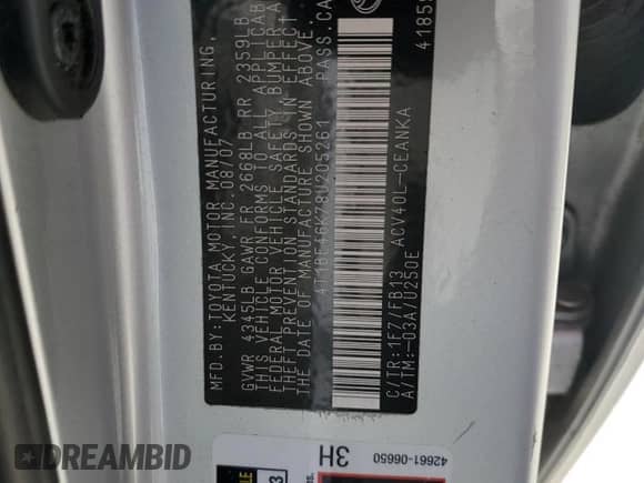 2008 Toyota Camry SE with VIN 4T1BE46K78U205261, listed as a Copart auction lot 81444785 with 109,652 mi miles and Salvage title. Bid and sale history available at DreamBid. Image 12.