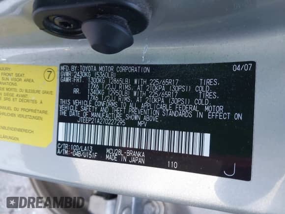 2007 Toyota Highlander Limited z VIN JTEEP21A270227295, wystawiony jako IAAI lot #43364359 z przebiegiem 228 075 mil mil oraz . Historia ofert i sprzedaży dostępna na DreamBid. Obrazek 9.