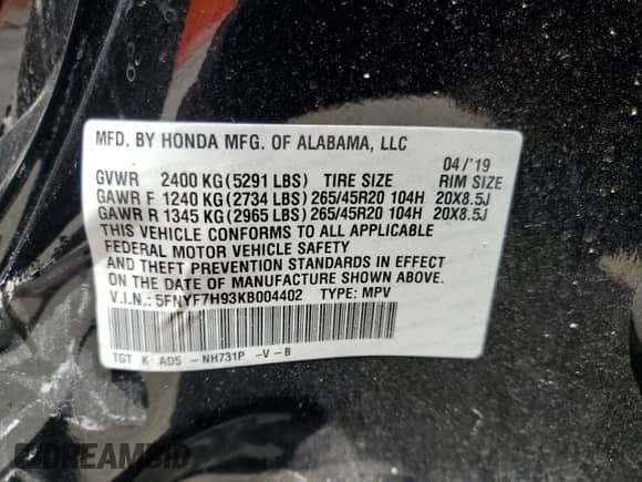 2019 Honda Passport Touring with VIN 5FNYF7H93KB004402, listed as a Copart auction lot 57576185 with 54,597 mi miles and Salvage title. Bid and sale history available at DreamBid. Image 13.