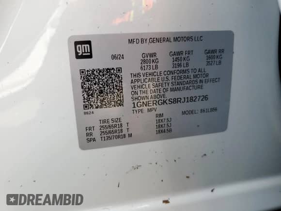 2024 Chevrolet Traverse FWD LT с VIN 1GNERGKS8RJ182726, выставлен на аукционе Copart как лот 74600094 с пробегом Не указан миль и На запчасти • Non repairable. История ставок и продаж доступна на DreamBid. Изображение 14.