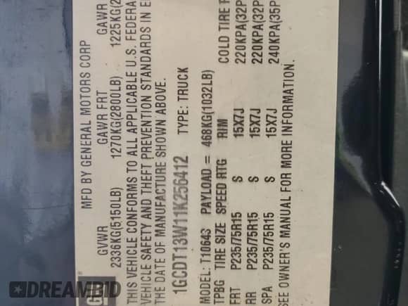 2001 Chevrolet S-10 LS with VIN 1GCDT13W11K256412, listed as a Copart auction lot 53254215 with 162,082 mi miles and Clean title. Bid and sale history available at DreamBid. Image 12.