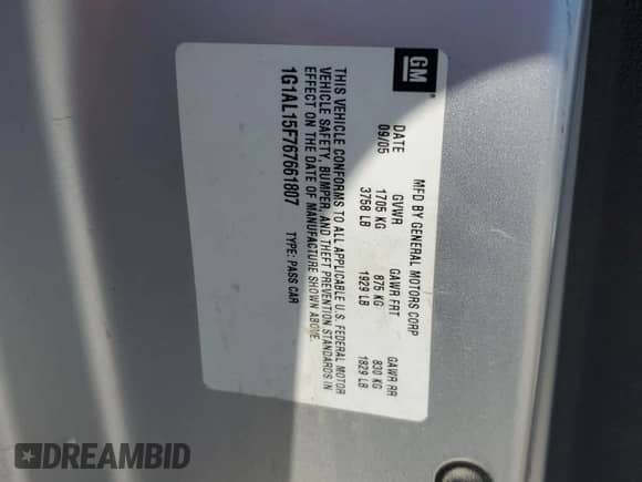 2006 Chevrolet Cobalt LT with VIN 1G1AL15F767661807, listed as a Copart auction lot 63834045 with 107,818 mi miles and Salvage title. Bid and sale history available at DreamBid. Image 12.