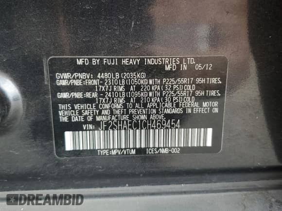 2012 Subaru Forester X Limited z VIN JF2SHAEC1CH469454, wystawiony jako Copart lot #84273595 z przebiegiem 155 862 mil mil oraz Szkoda całkowita • Salvage title. Historia ofert i sprzedaży dostępna na DreamBid. Obrazek 13.